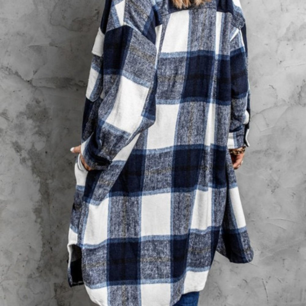 NAVY Blue Plaid Shackets 3/4 Length - Picture 2 of 2